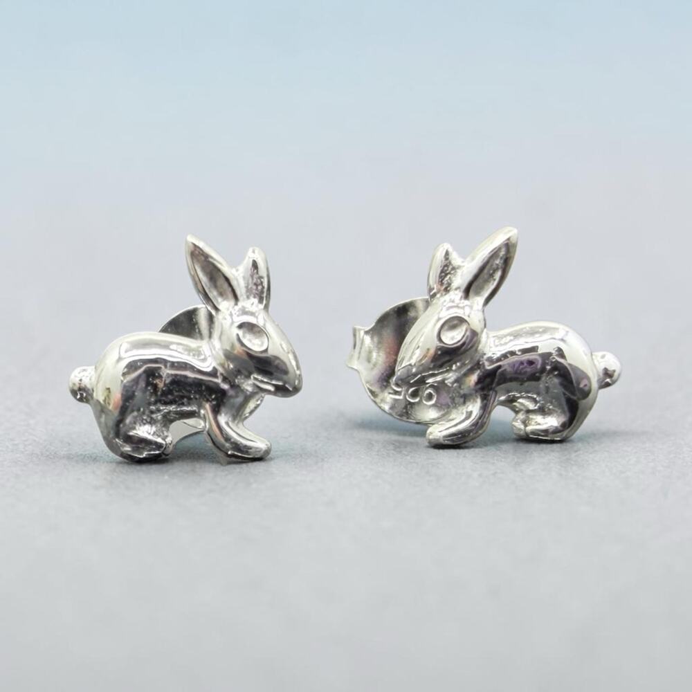 Resting Rabbit Bunny Stud Earrings 925 Sterling Silver Friction Backs
